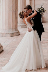 Ivory Tulle Lace A-line V-neck Wedding Dresses With Pearls, Bridal Gown